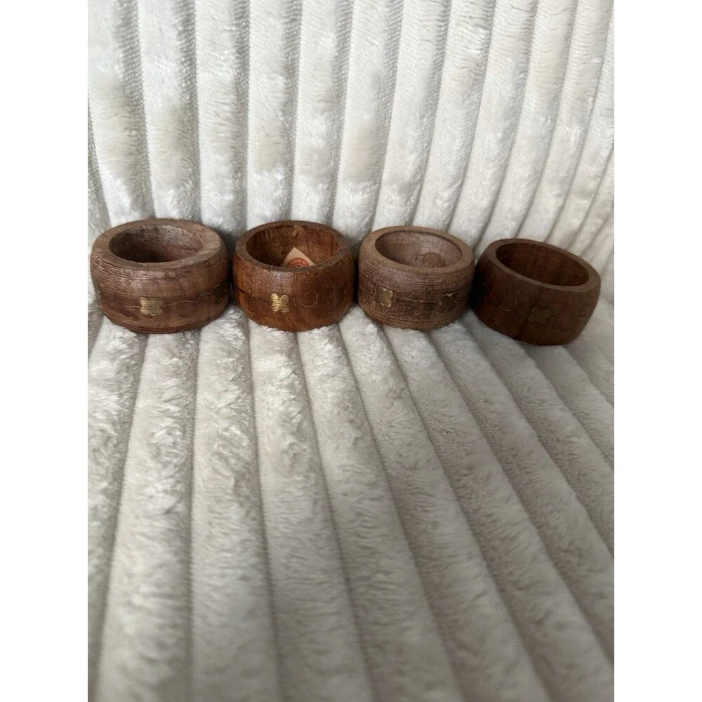 Vintage 1960s India Wood Napkin Rings Brass Clover Inlay Set of 4 Hand Carved